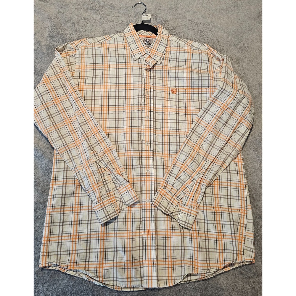 Cinch Shirt Mens Medium Orange Plaid Button Down Long Sleeve 100% Cotton Pocket